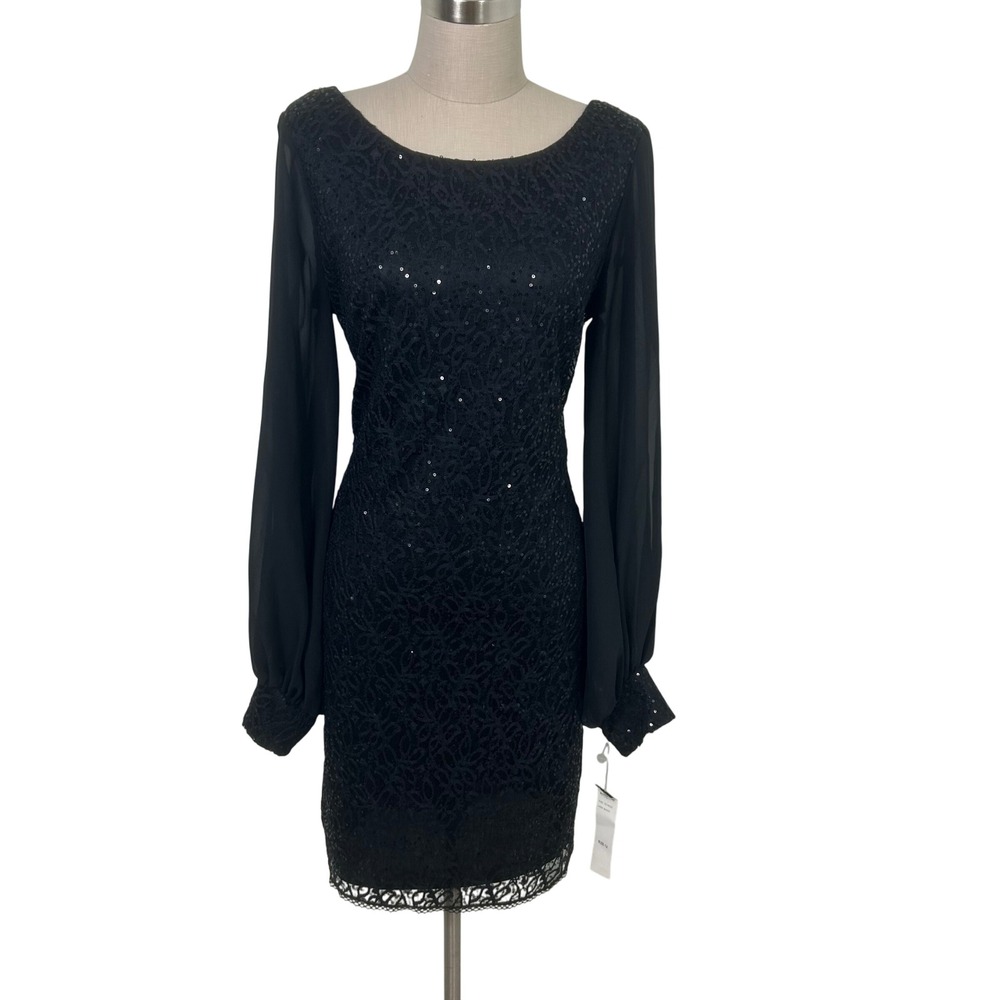 Another Thyme Black Lace Sequin Mini Dress Long Sheer Sleeve Size 12‎ NWT